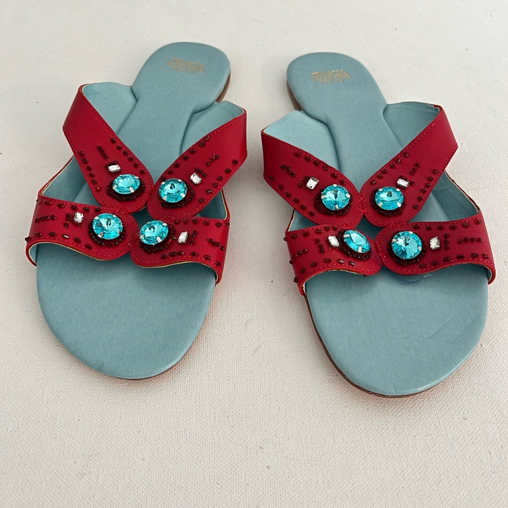 Frances Valentine Mandy Red Nappa Leather and Blue Bejeweled Sandals